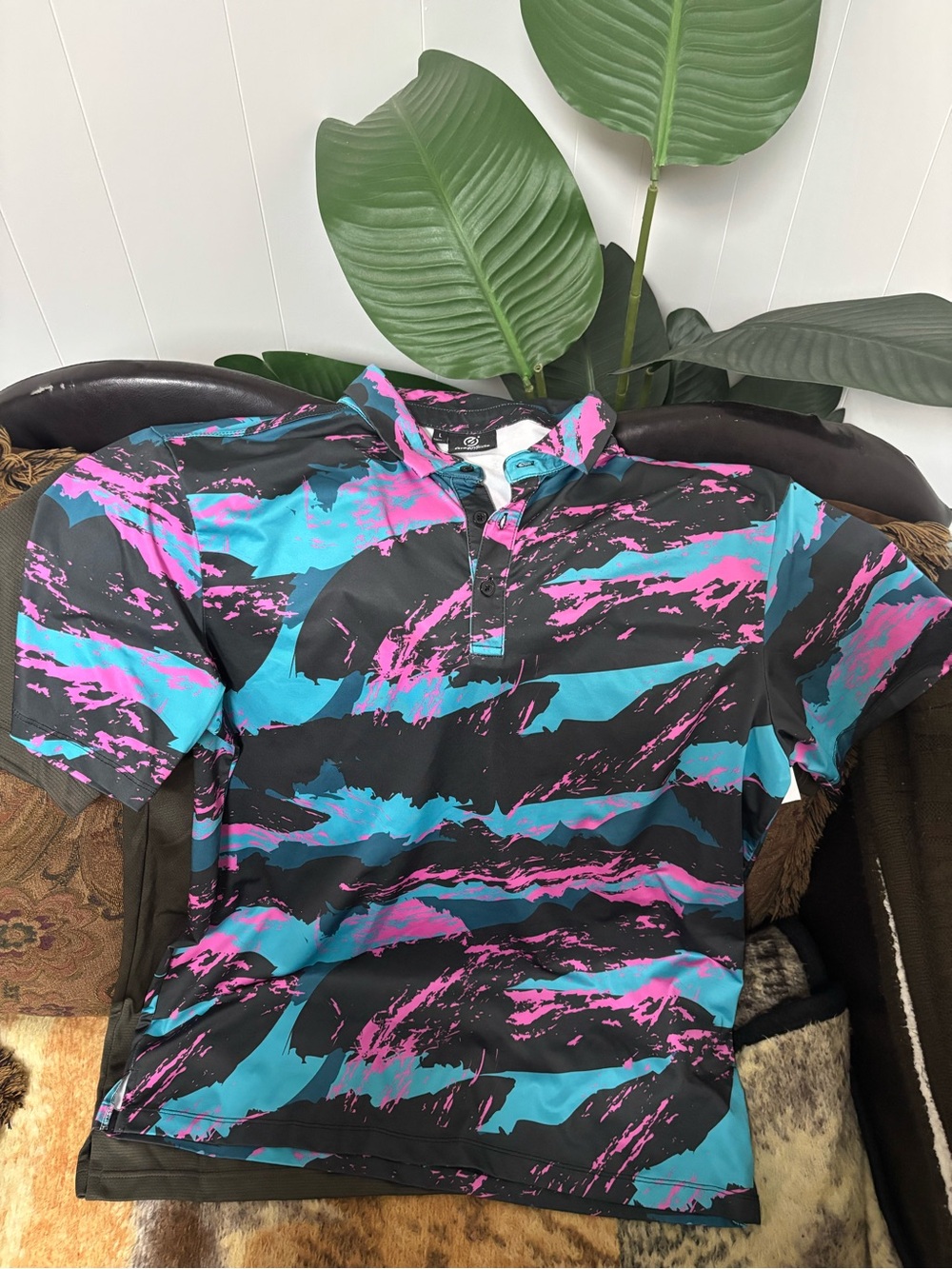 Green Side Men's Black Polo with Teal & Pink Abstract Print